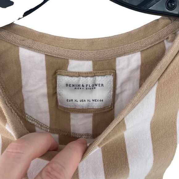 Denim & Flower Men's Cotton T-Shirt Stripes Short Sleeve Crewneck Tan Size XL - Picture 3 of 13